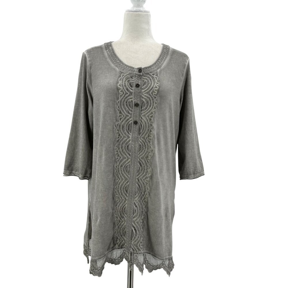 Gretty Zueger Womens Small Top Tunic Distressed Gray Lace Boho Hippie